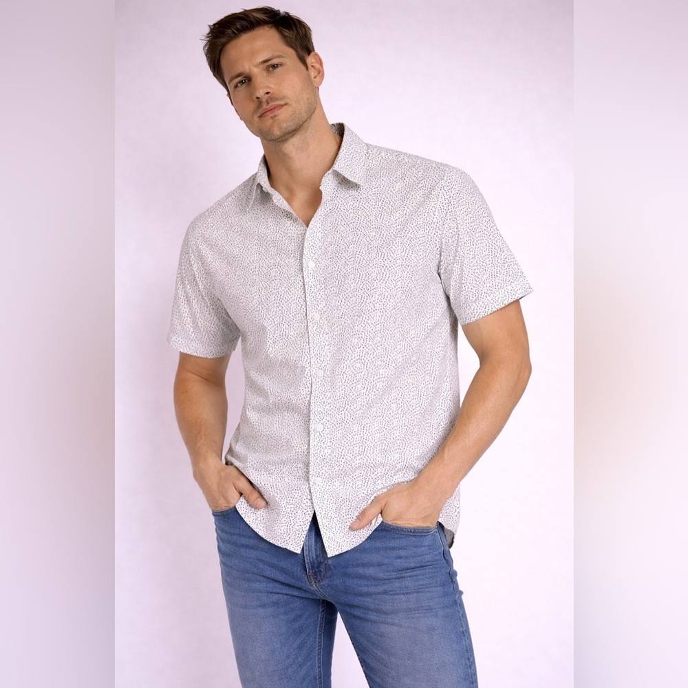 Topman Short Sleeve Button-Up Shirt – White & Black Micro Print – Size L
